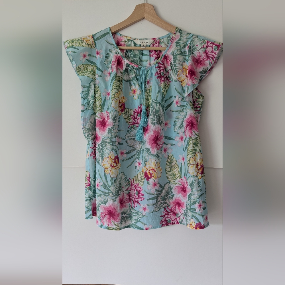 Land & Sea Flutter Sleeve Cotton Blouse Tropical Print New Without Tags
